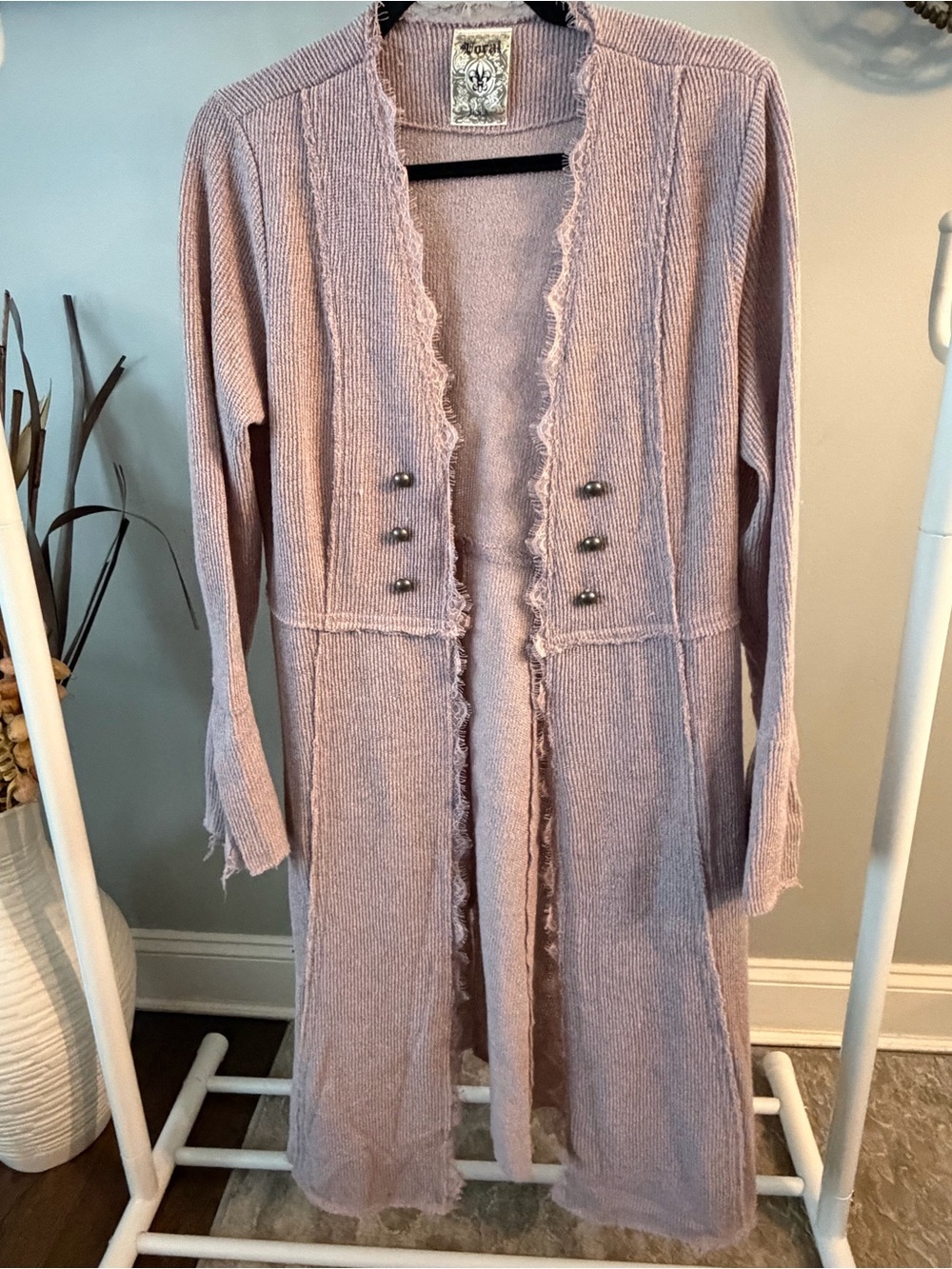 Vocal Long Open-Front studded lace Cardigan in Dusty Rose size large